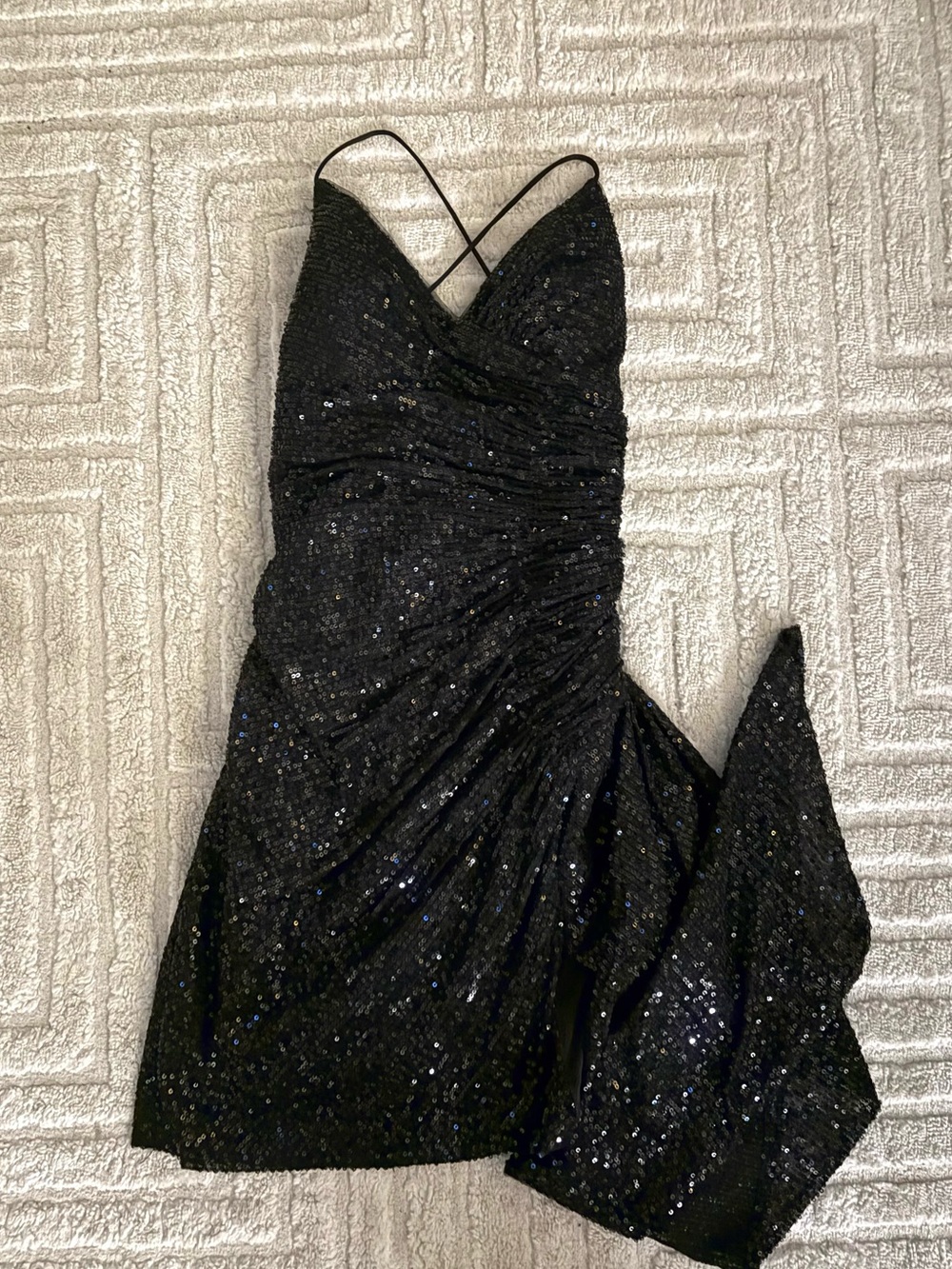 Black Sequin Strapless Evening Dress with Crisscross Straps